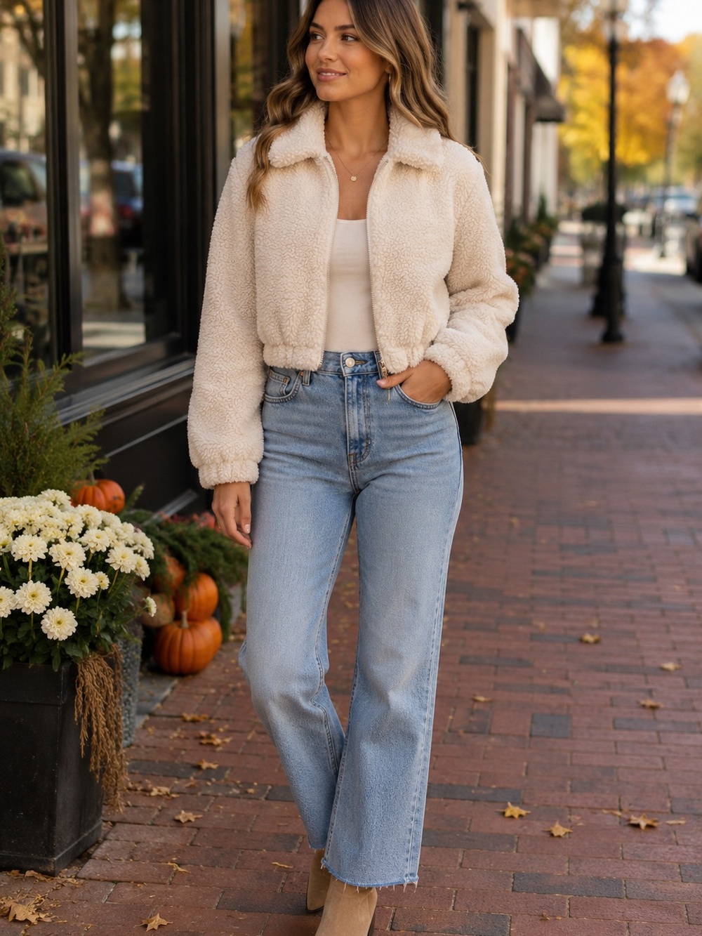 LC Lauren Conrad Sherpa Teddy Jacket Cream Cropped Zip Up Size S